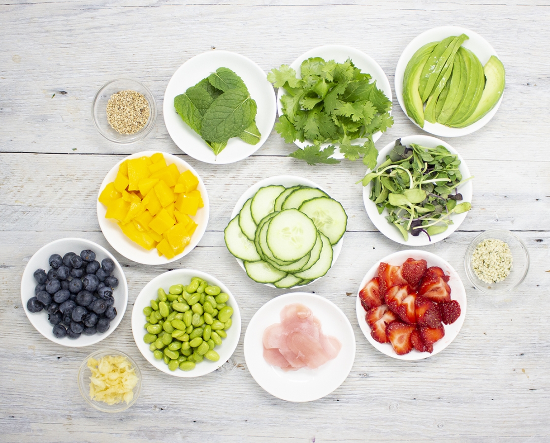 Poke bowls drizzled with orange and ginger vinaigrette