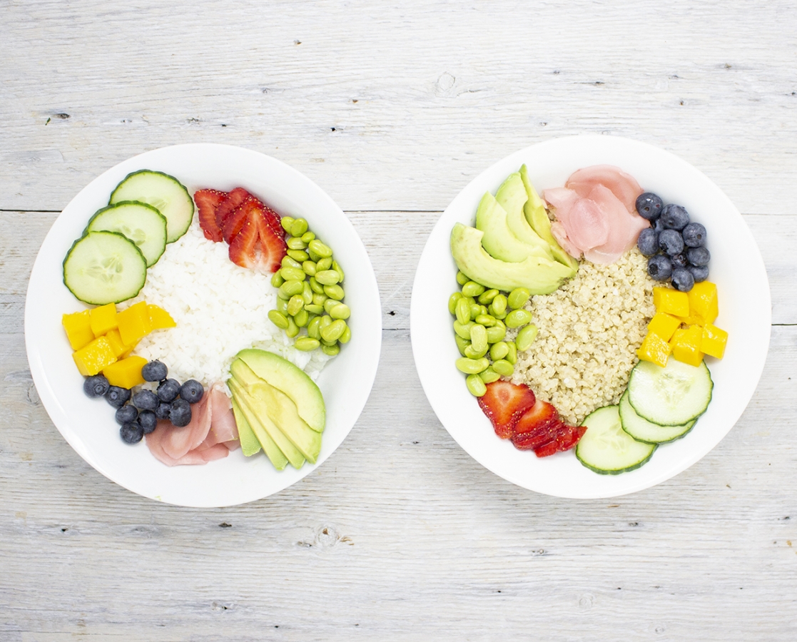 Poke bowls drizzled with orange and ginger vinaigrette