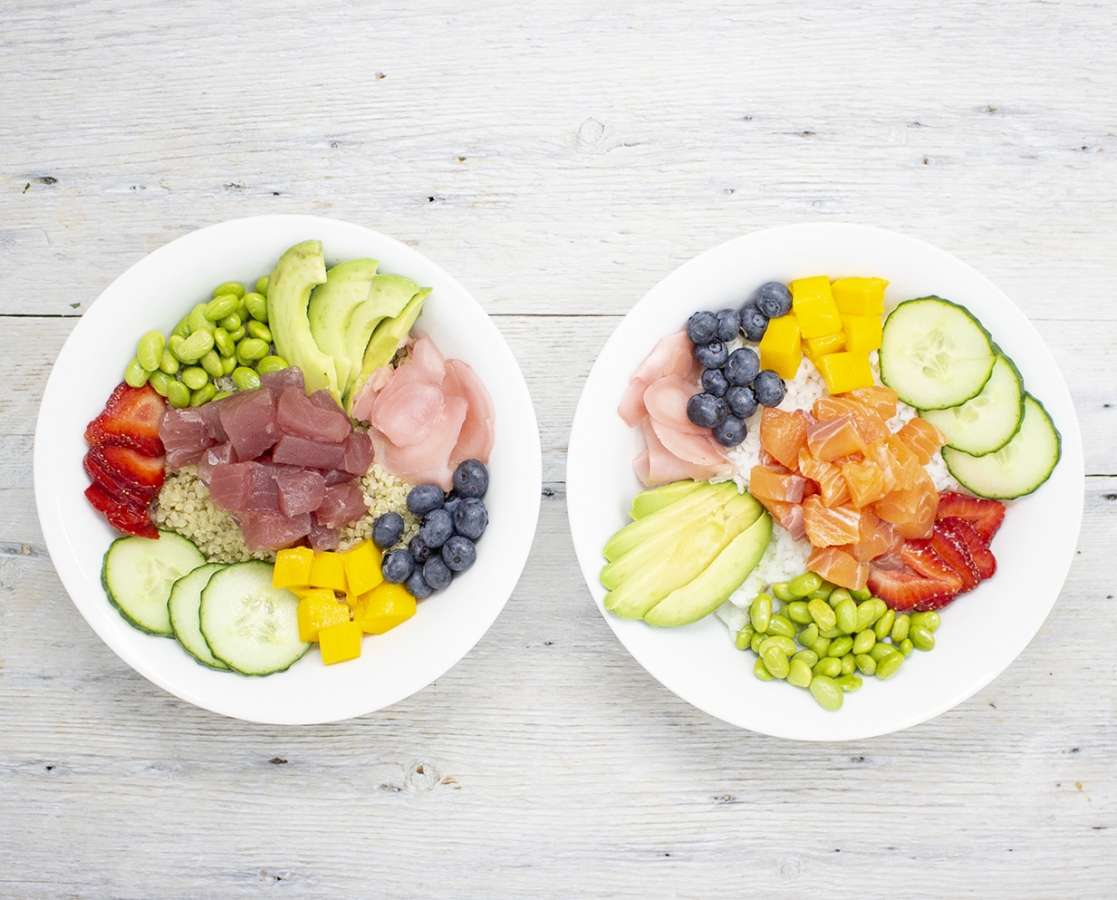 Poke bowls drizzled with orange and ginger vinaigrette