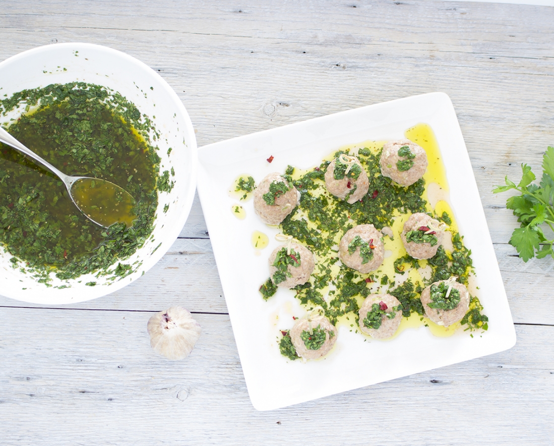 Veal meatballs with chimichurri sauce