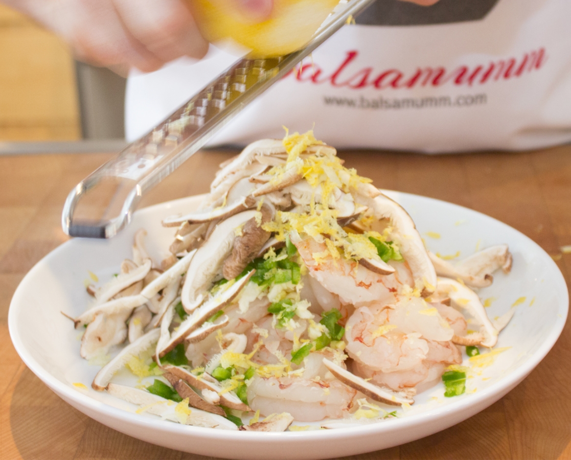 Shiitake and shrimp sauteéd with lemon zests, ginger and Balsamumm