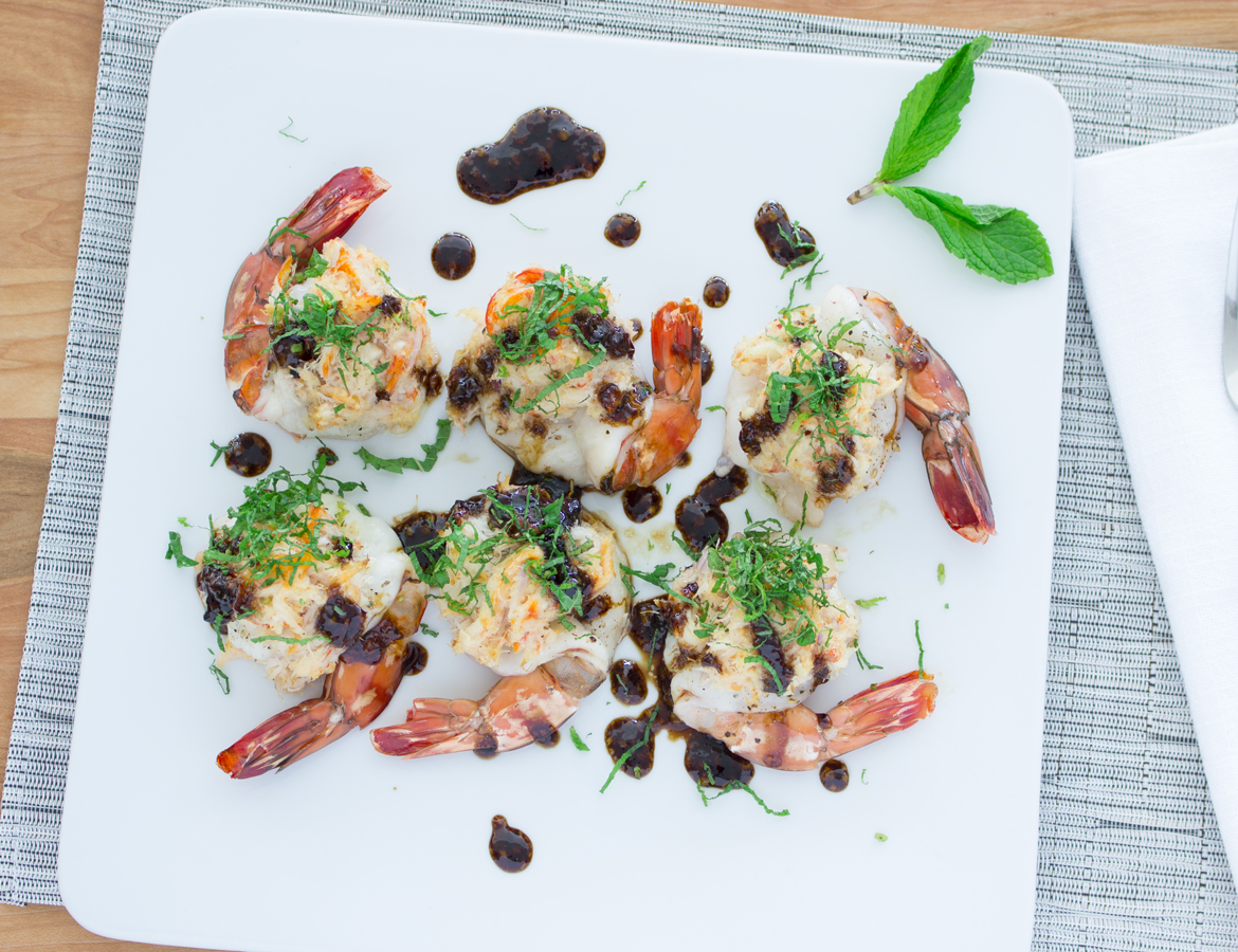 Crab stuffed jumbo Sshrimp with mint-Balsamumm jelly drizzle