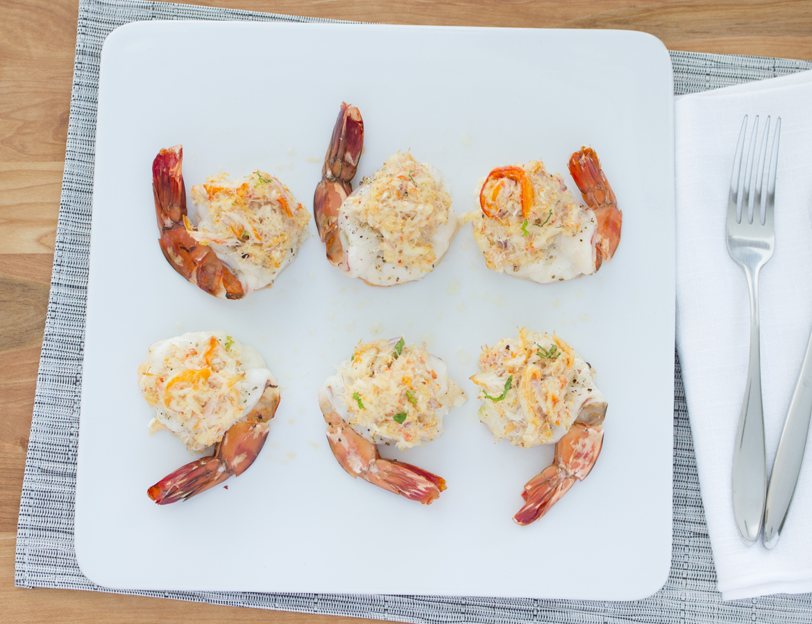 Crevettes géantes farcies de crabe avec gelée de Balsamumm et de menthe