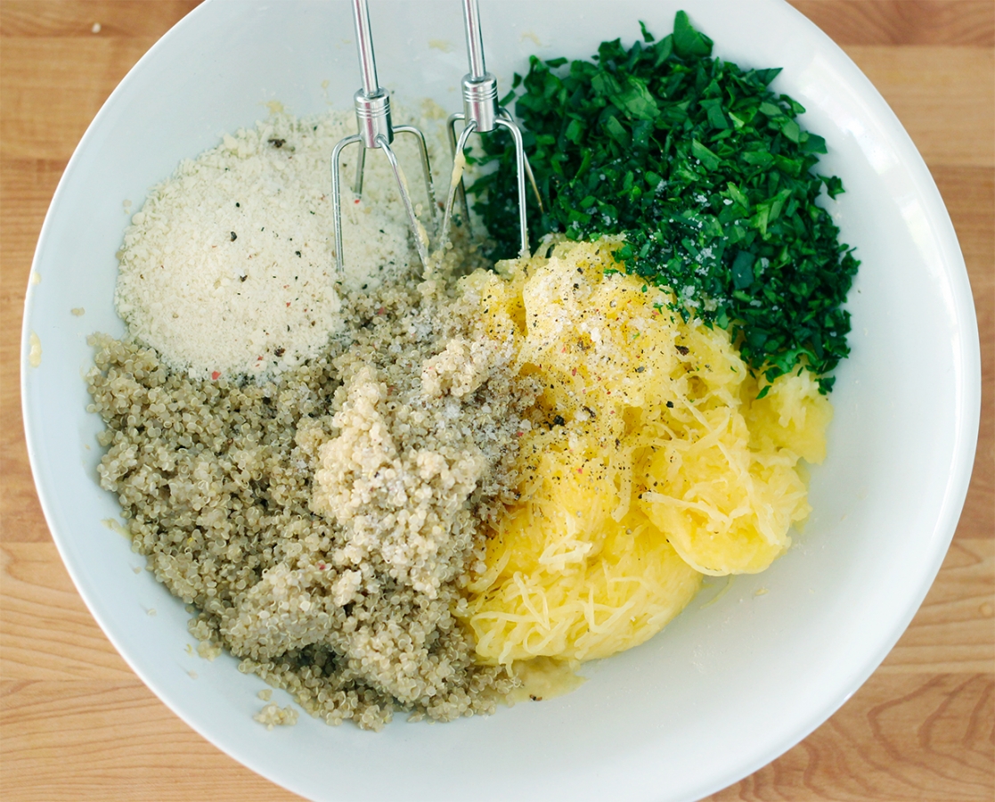 Spaghetti squash, quinoa, spinach and parmesan fritters topped with basil sour cream