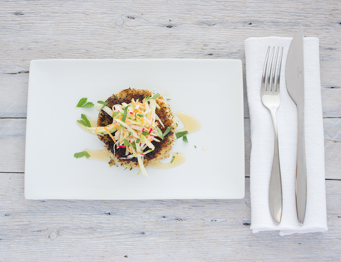 Eggplant patties topped with Balsamumm pickled cucumbers, radishes, and green apple