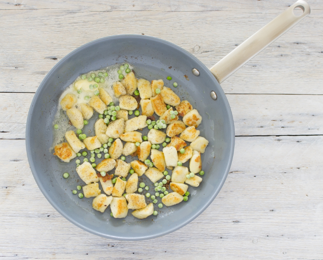 Pane seared Potato Gnocchi with lemon butter and green peas