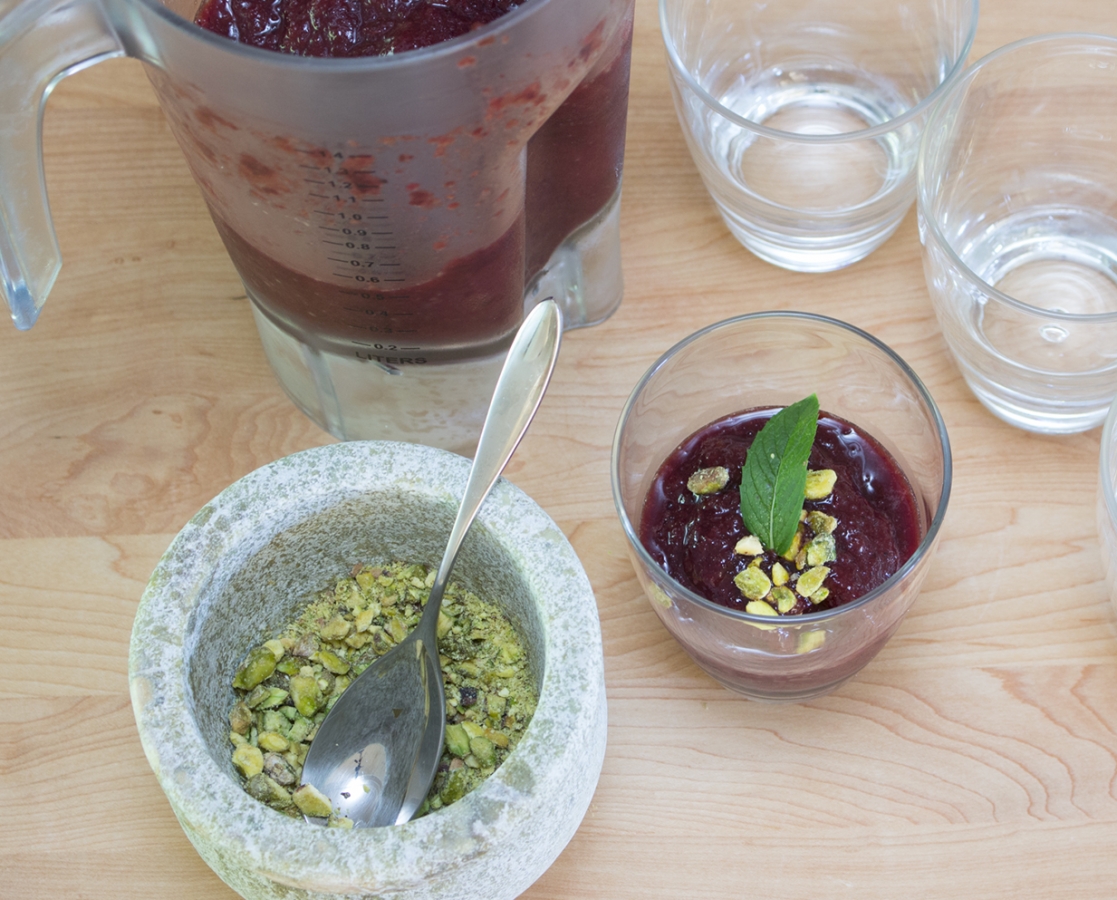 Black cherry granité with cruched Pistachio