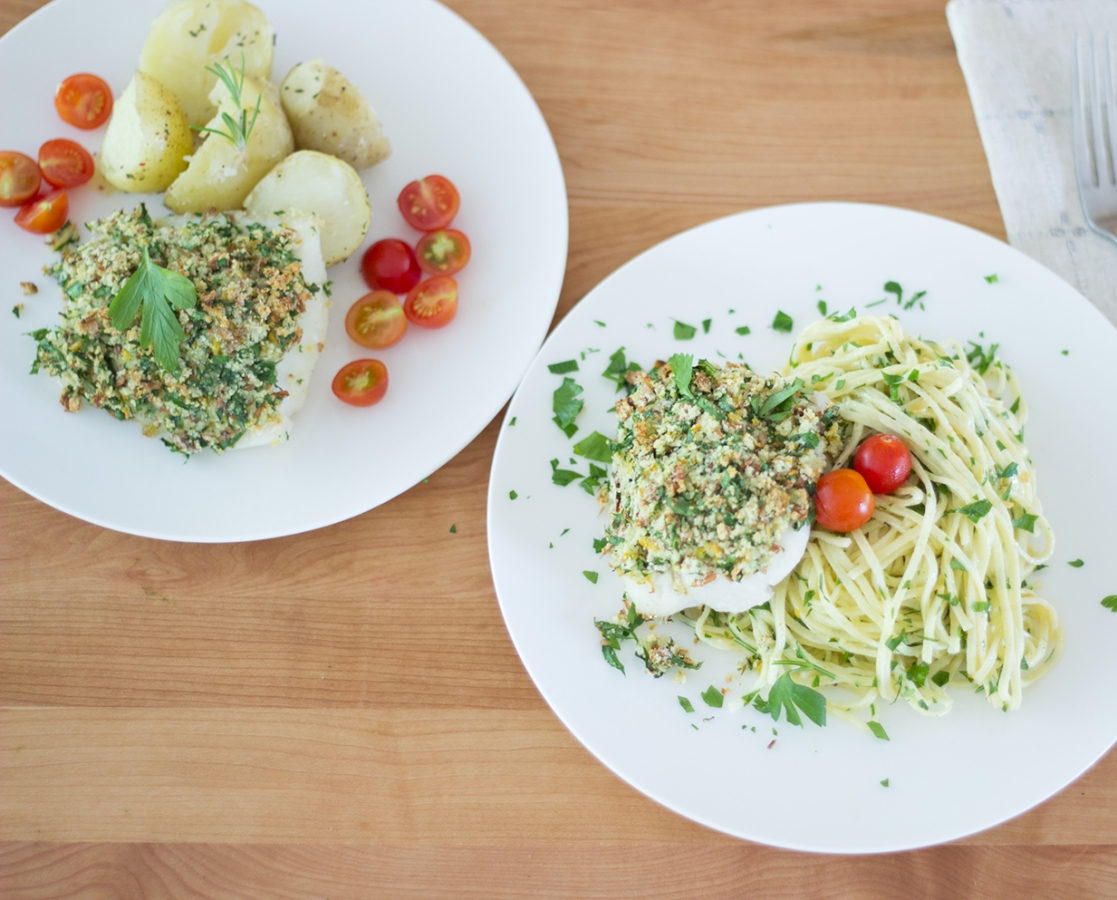 Iceland cod, crusted with crushed almonds, ginger, garlic, lemon zests and fresh parsley