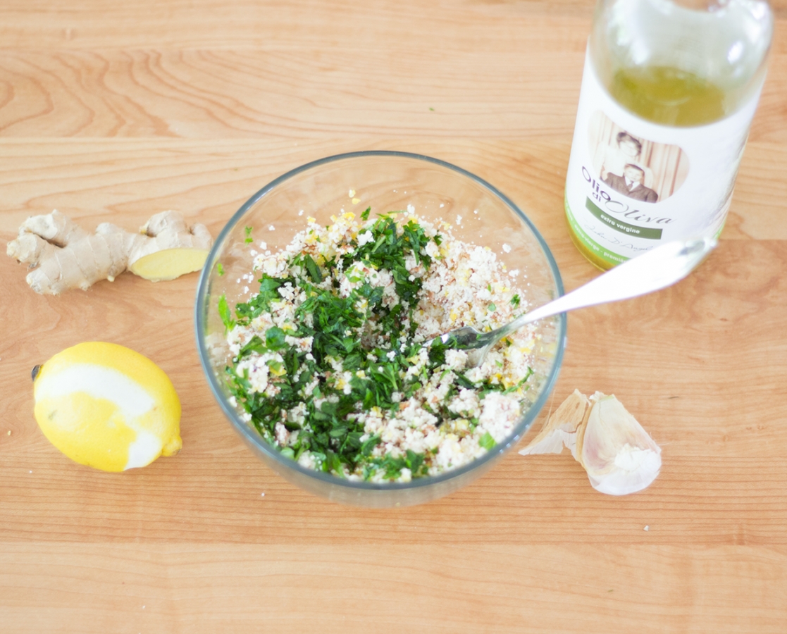 Iceland cod, crusted with crushed almonds, ginger, garlic, lemon zests and fresh parsley