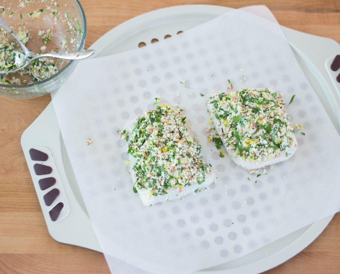 Iceland cod, crusted with crushed almonds, ginger, garlic, lemon zests and fresh parsley