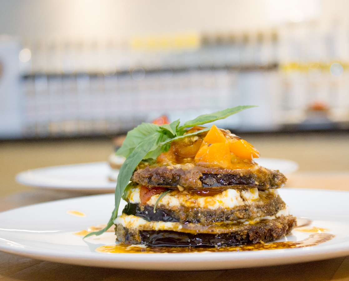 Stacked eggplant Parmesan with ricotta & Ssow-roasted cherry tomatoes