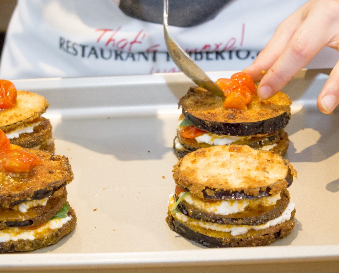 Stacked eggplant Parmesan with ricotta & Ssow-roasted cherry tomatoes