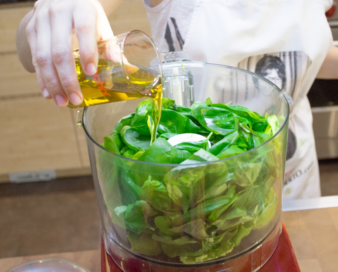 Avocado and basil pesto fettuccini with roasted pine nuts