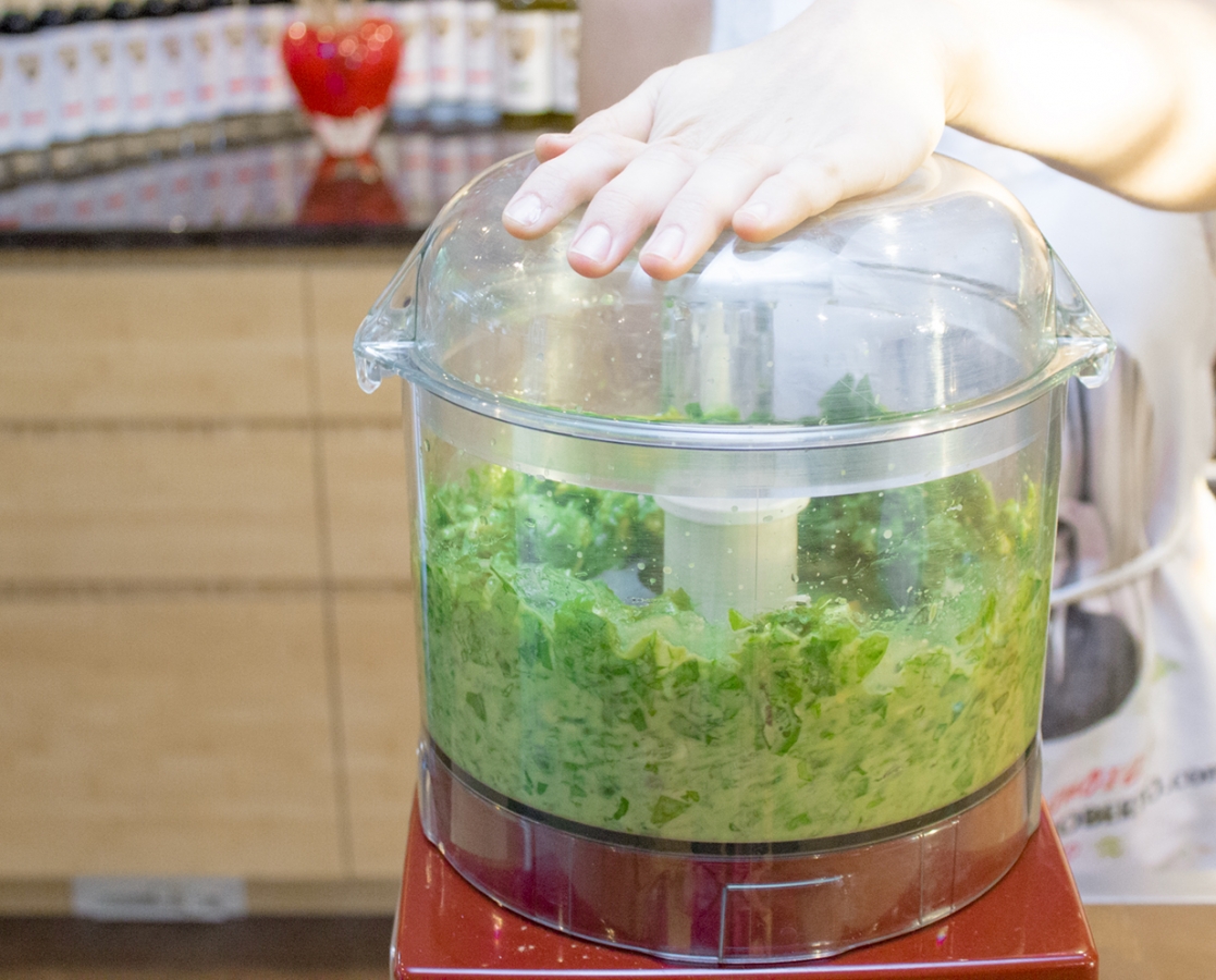 Avocado and basil pesto fettuccini with roasted pine nuts