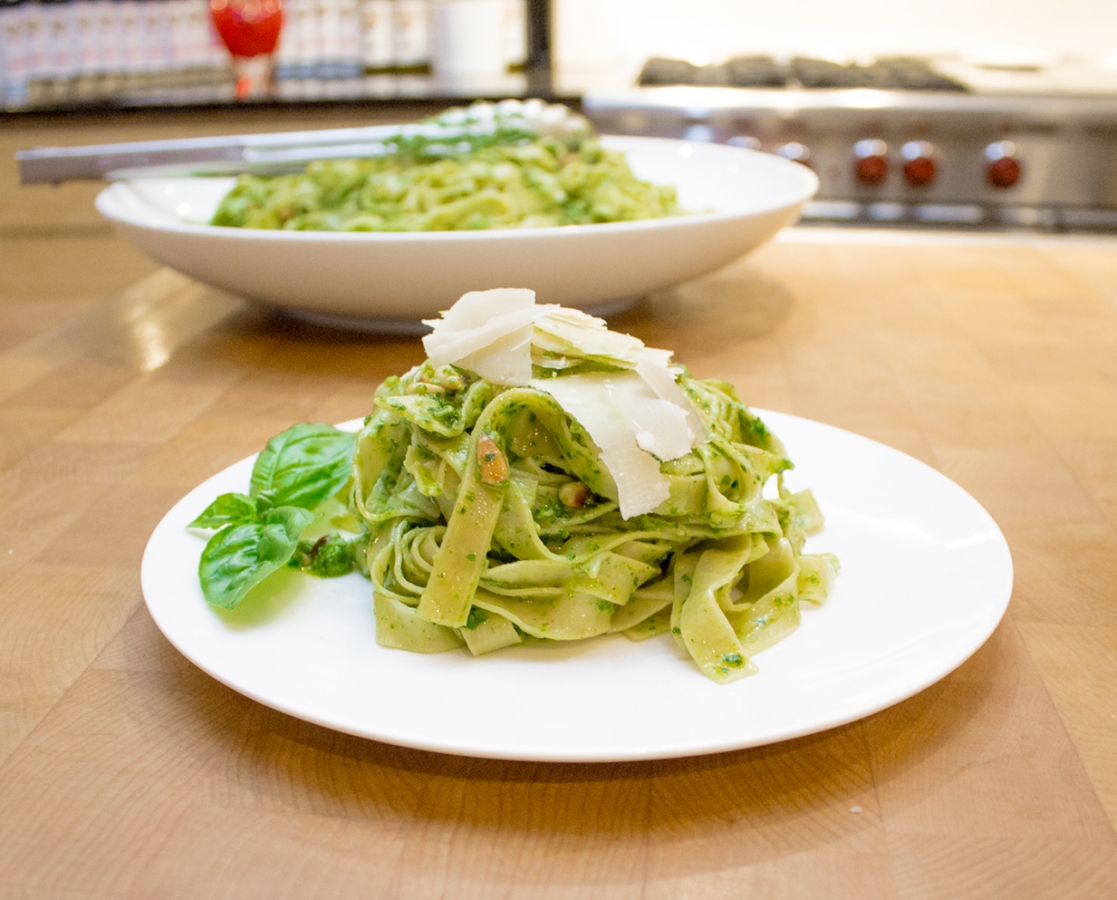 Avocado and basil pesto fettuccini with roasted pine nuts