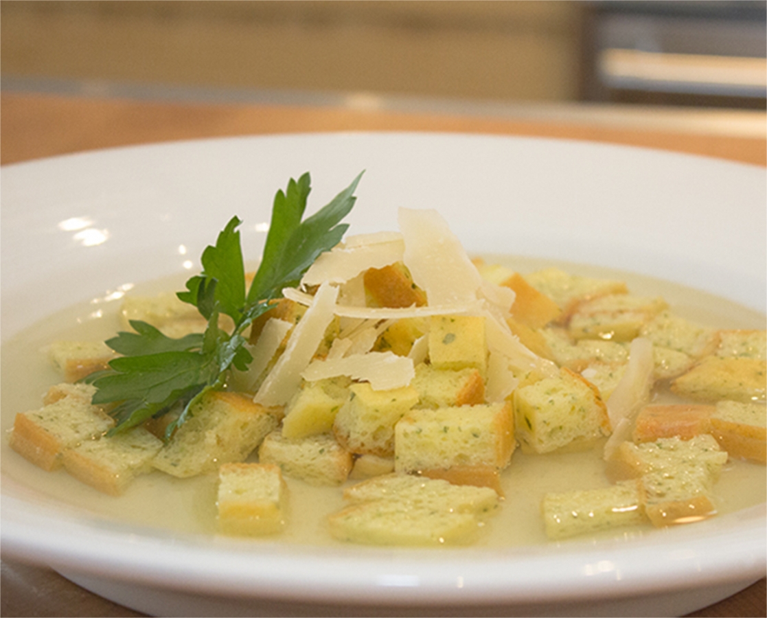 Rustic pizza croutons in broth, from Molise, Italy