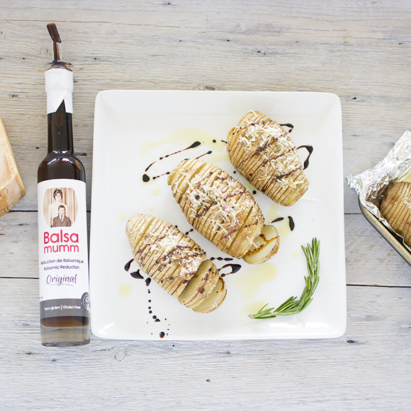 Hasselback potato with garlic-rosemary infused olive oil-butter and Parmesan