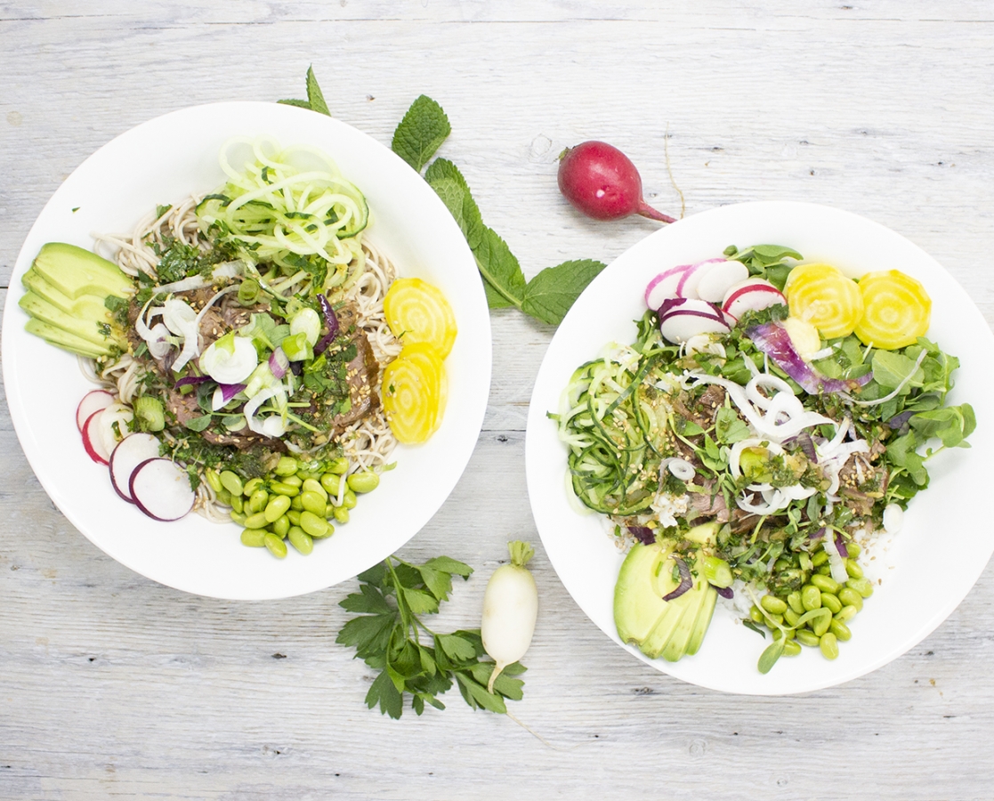 Power bowls with marinated and seared veal flank steak and miso vinaigrette