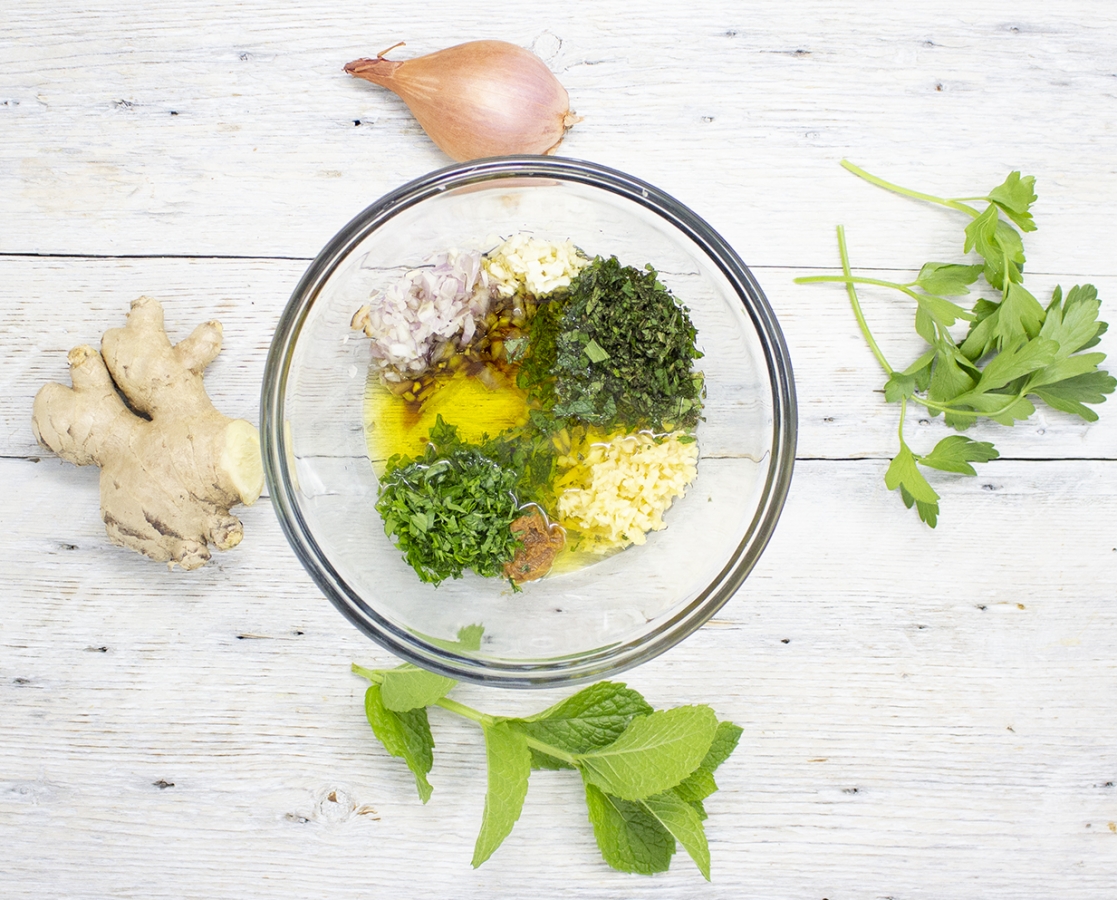 Power bowl à la bavette marinée et saisie, avec une vinaigrette au miso