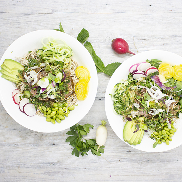 Power bowls with marinated and seared veal flank steak and miso vinaigrette