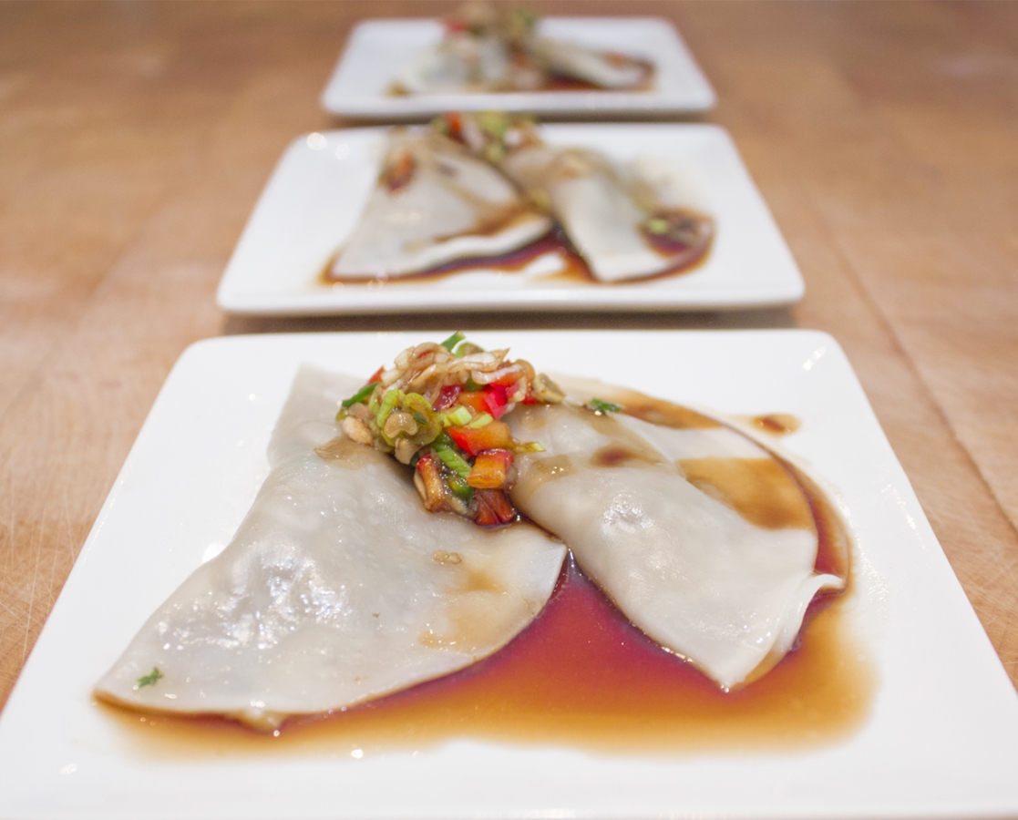 Eggplant dumplings with chilli-Balsamumm sauce