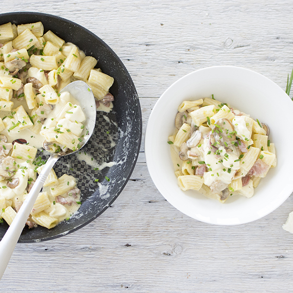 homemade rigatoni in a creamy mushroom, bacon and cheddar cards sauce