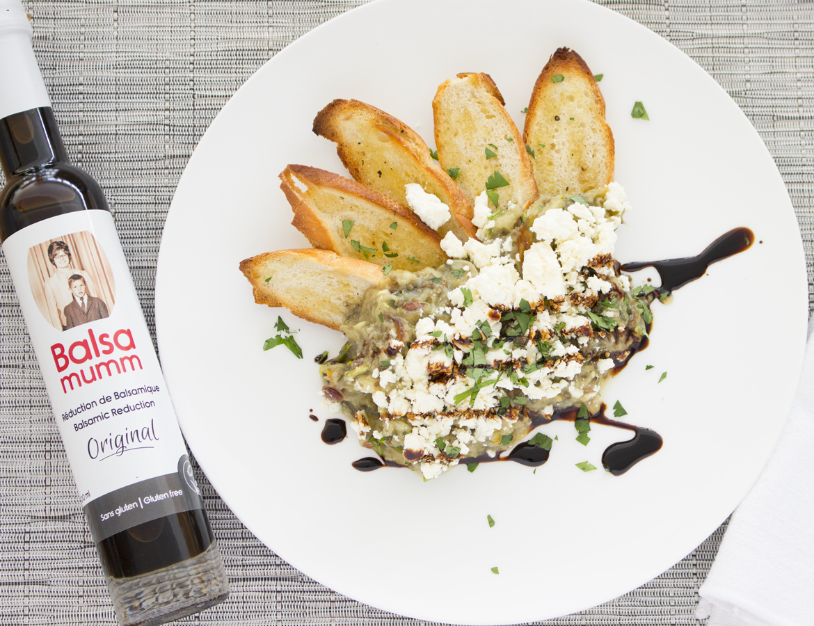 Eggplant and feta salad on olive oil croutons