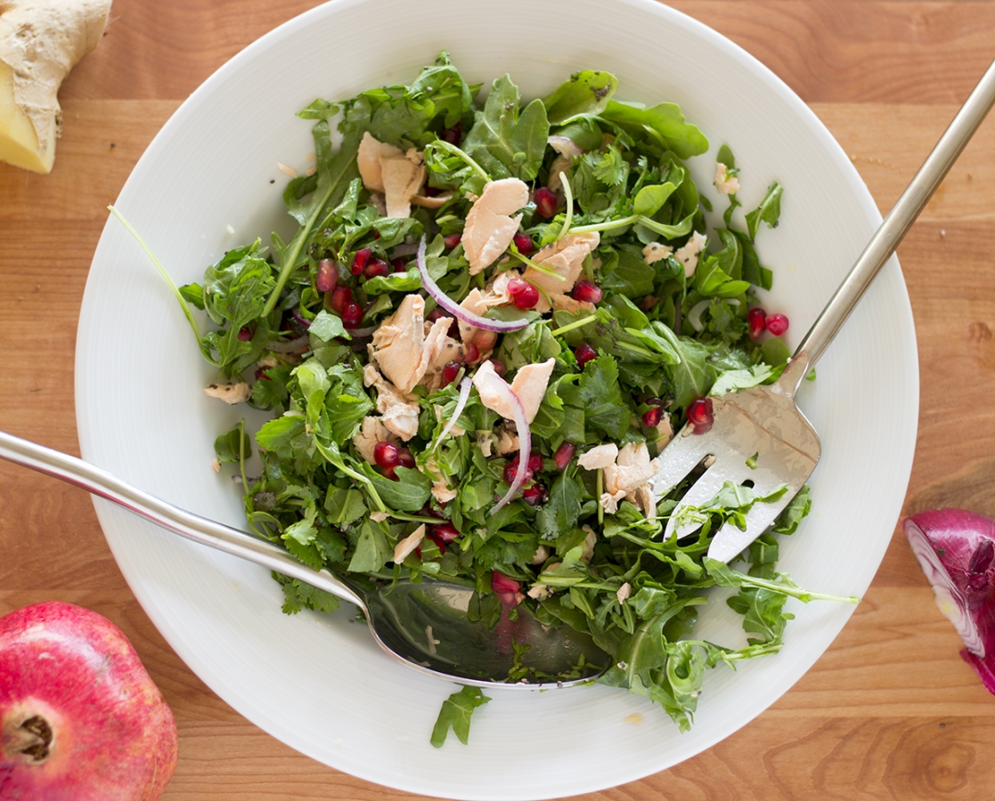 Poached salmon salad with pomegranate + Balsamumm bianco dressing