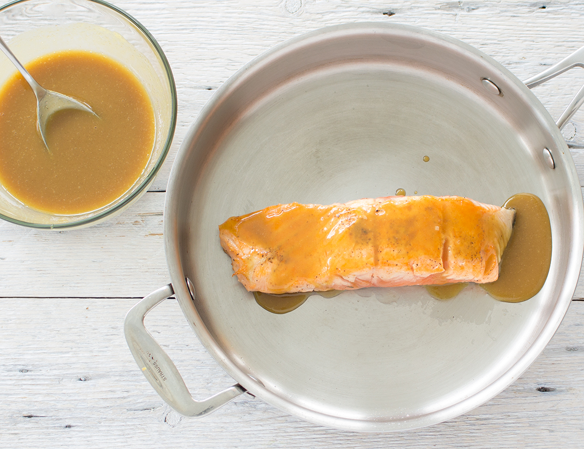 Maple syrup-Dijon roasted salmon on marinated cherry tomato