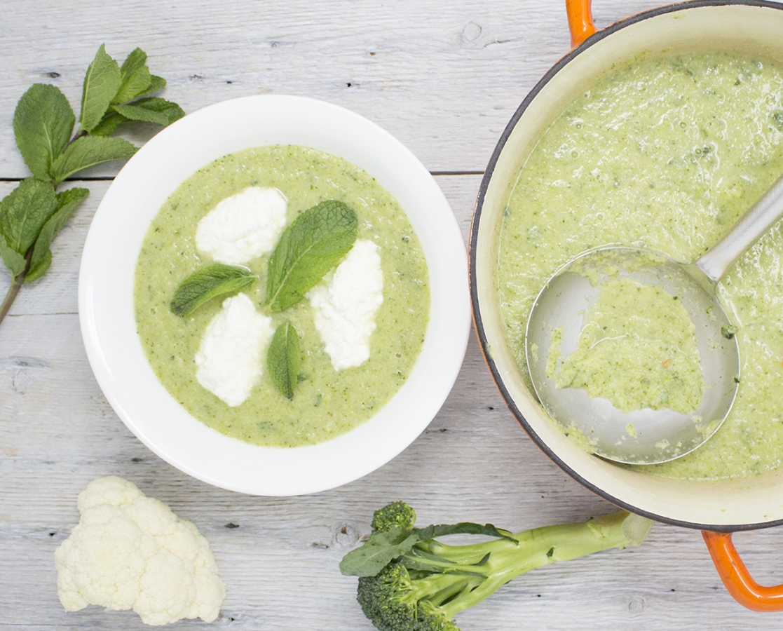 Cauliflower, broccoli & fresh mint soup topped with ricotta cheese