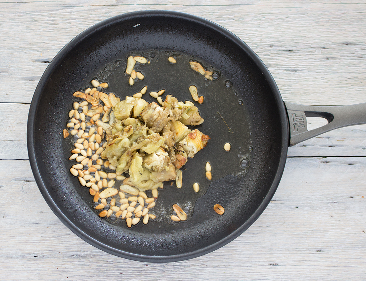 Spaghetti with roasted eggplant and pine nuts