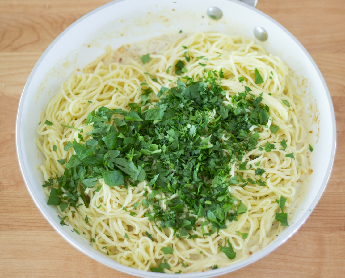 Spaghetti in a creamy lemon-garlic-fresh parsley sauce