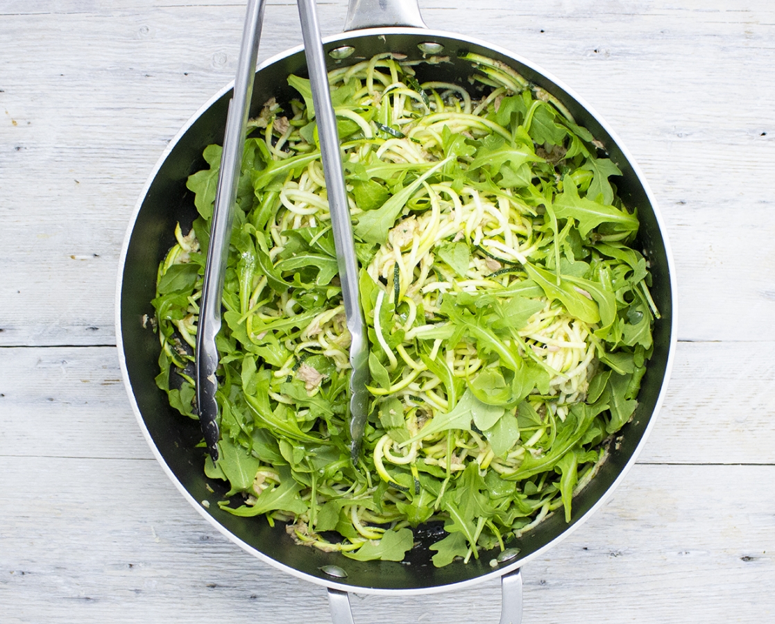 Zucchini Spaghetti with Tuna, Crispy Pancetta, Arugula and Pine Nuts in a Capers and Lemon Sauce