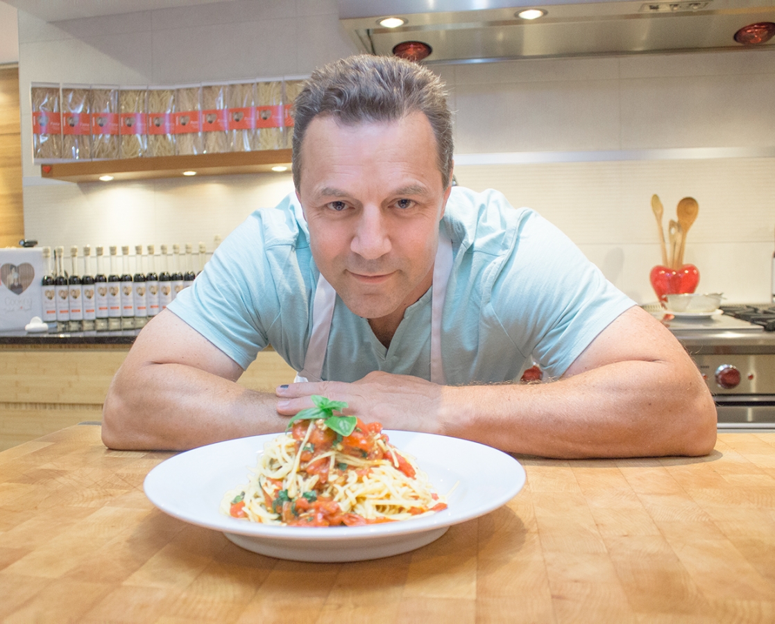 Spaghetti with slow roasted cherry tomato, pine nuts and fresh basil