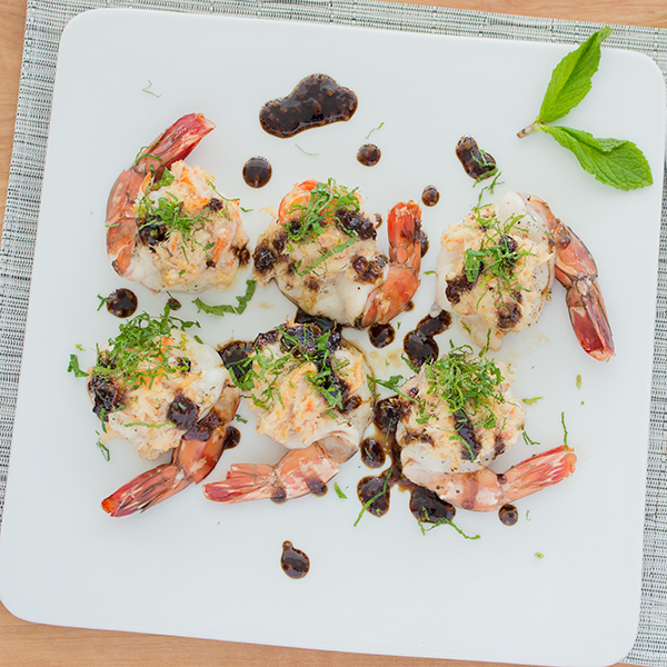 Crab stuffed jumbo Sshrimp with mint-Balsamumm jelly drizzle