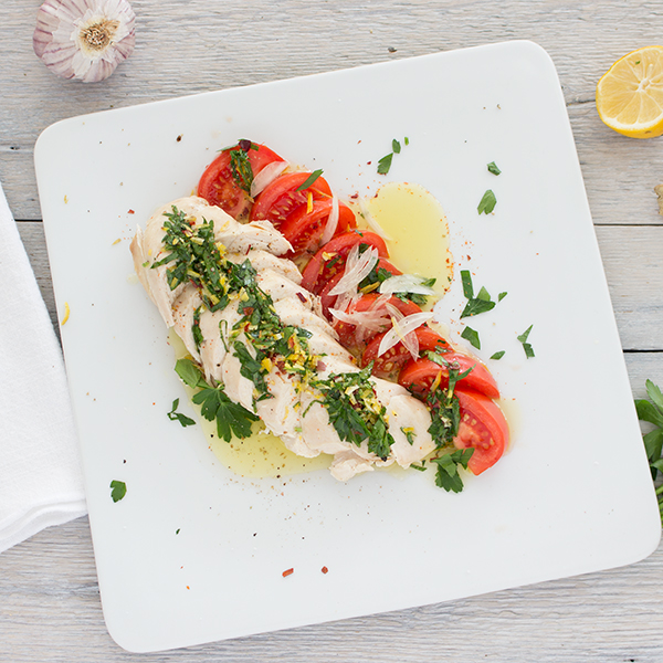 Poulet au gingembre, cuit à la vapeur avec gremolata