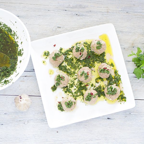 Veal meatballs with chimichurri sauce