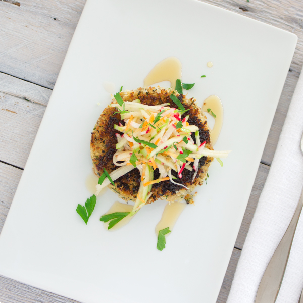 Eggplant patties topped with Balsamumm pickled cucumbers, radishes, and green apple