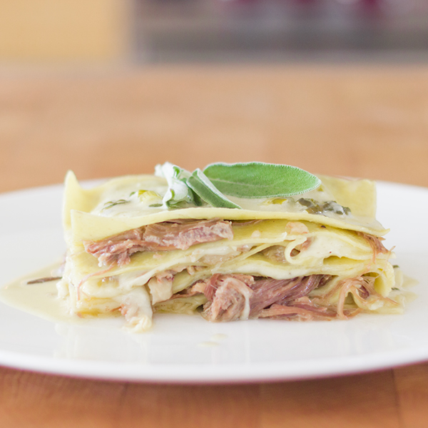 Duck confit and shiitake mushroom lasagna with a creamy white wine fresh sage sauce