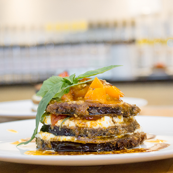 Stacked eggplant Parmesan with ricotta & Ssow-roasted cherry tomatoes