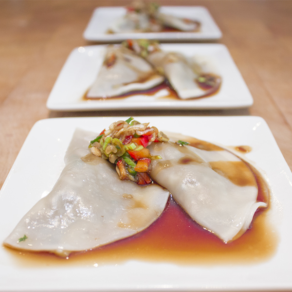 Eggplant dumplings with chilli-Balsamumm sauce