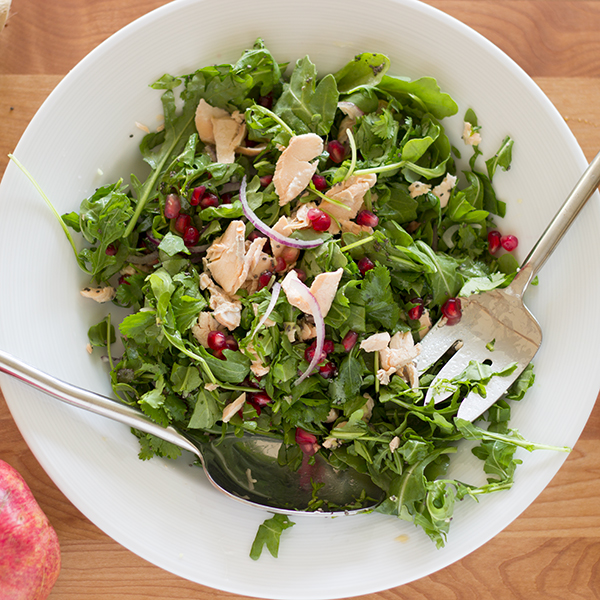 Poached salmon salad with pomegranate + Balsamumm bianco dressing