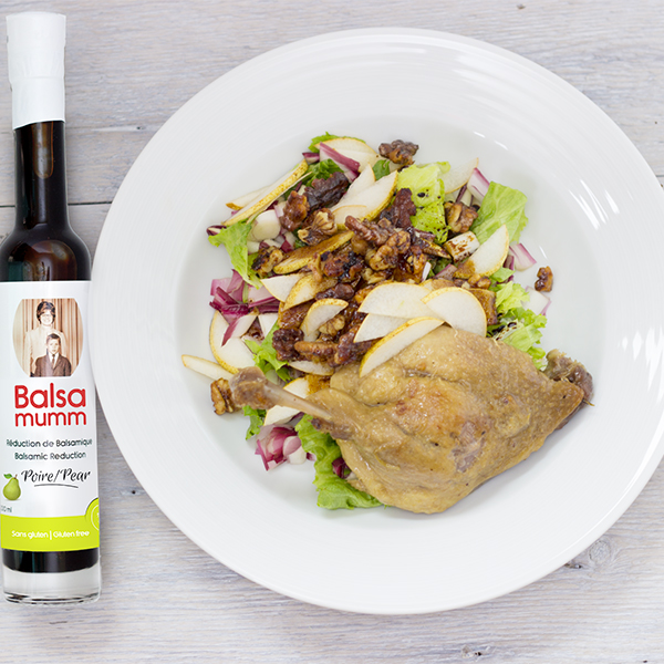 Duck confit on pear salad with caramelized Walnut and pear Balsamumm vinaigrette