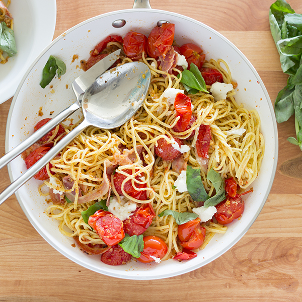 Cherry tomatoes, pancetta,  ricotta and breadcrumb spaghetti