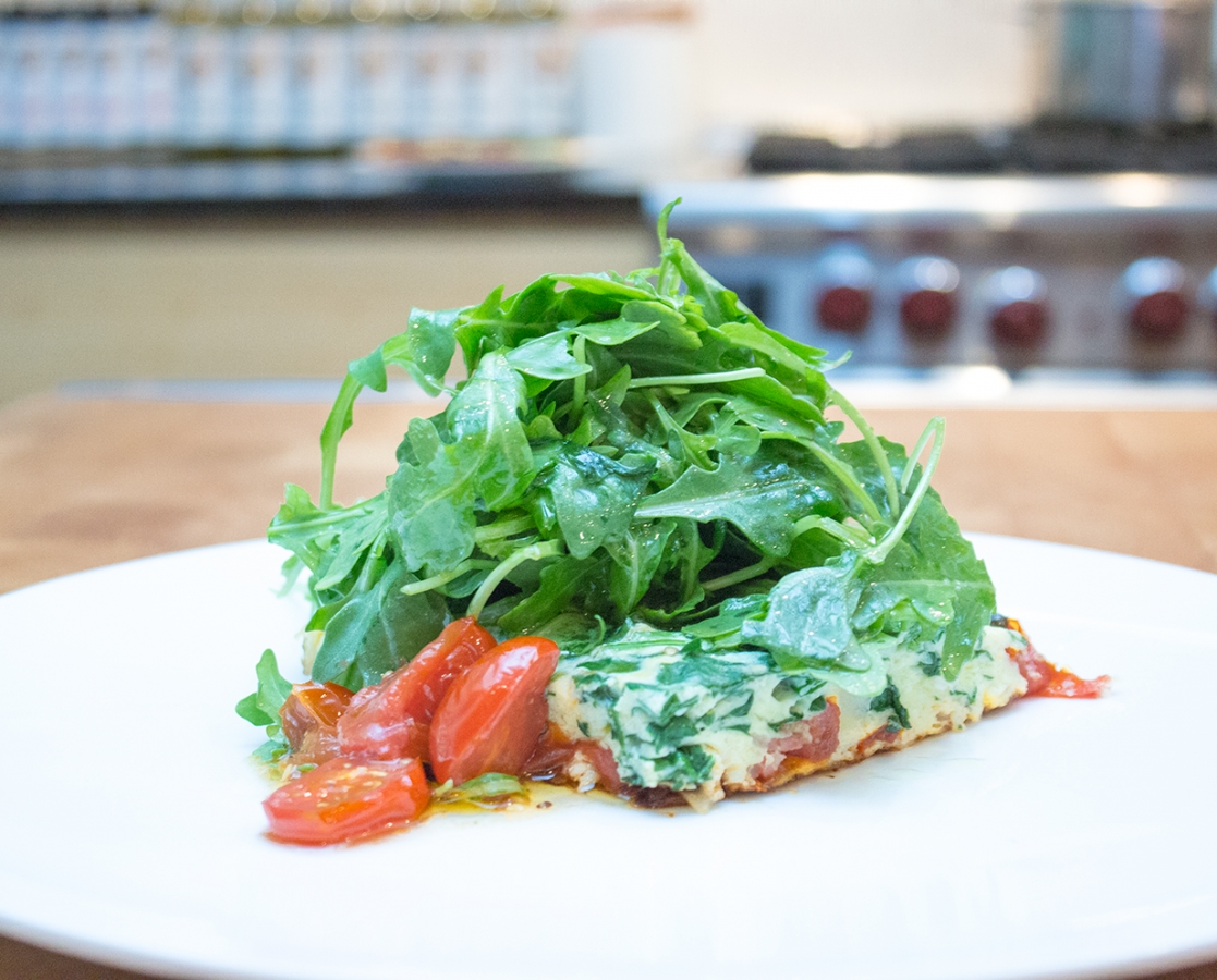 Slow roasted cherry tomato, spinach and pancetta frittata