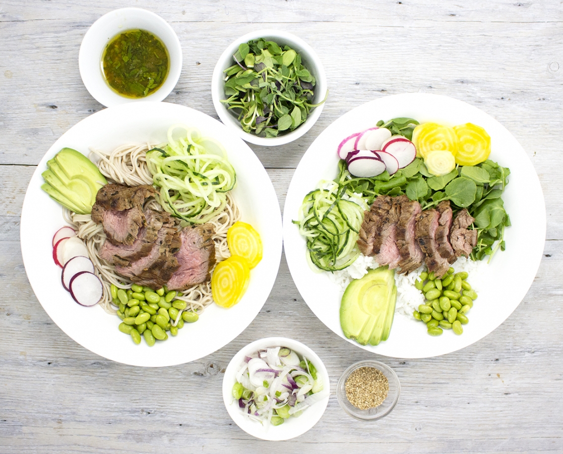 Power bowls with marinated and seared veal flank steak and miso vinaigrette