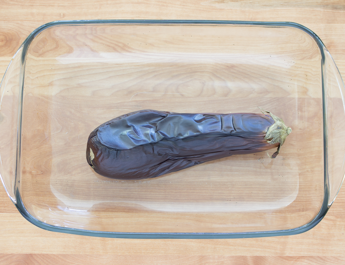 Eggplant and feta salad on olive oil croutons