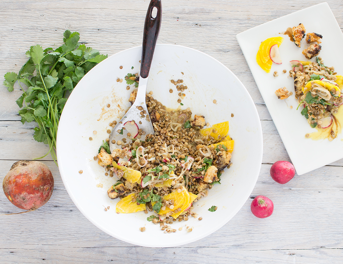 Sprouted lentil and yellow beet salad with Balsamumm croutons